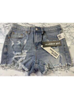 Madden Girl Size 3 High Rise Distressed Denim Shorts With Frayed Hem And Pockets